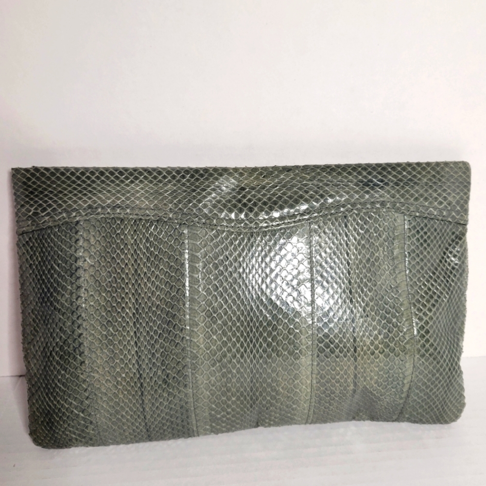 Vintage Clutch Green Clemente 80's Snake Skin Purse Zipper Closure Vinyl Lined